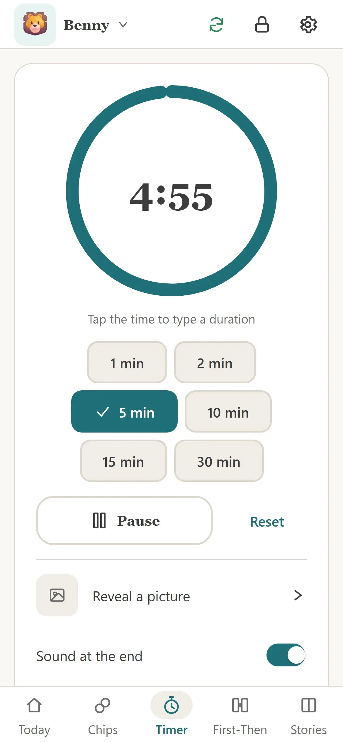 A visual timer counting down from five minutes, with preset buttons from one to thirty minutes.